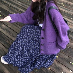 欧美紫色V领针织开衫女秋冬新款纯色休闲软糯宽松慵懒风毛衣外套