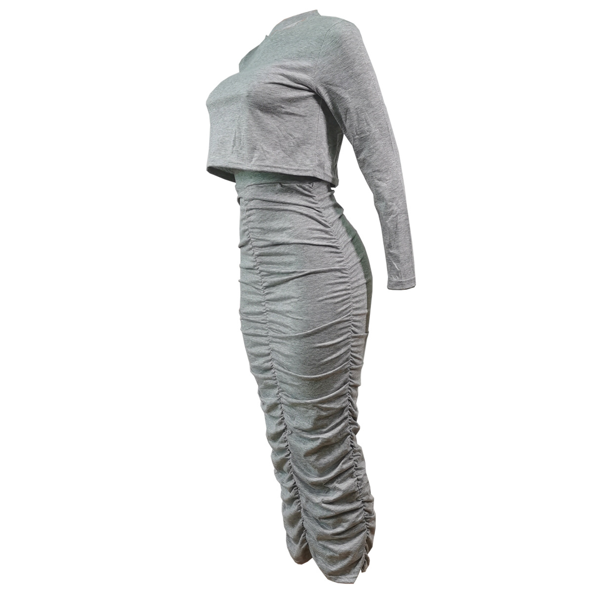 Solid Color Long-Sleeved Round Neck Pullover Skirt Set NSSJW74291