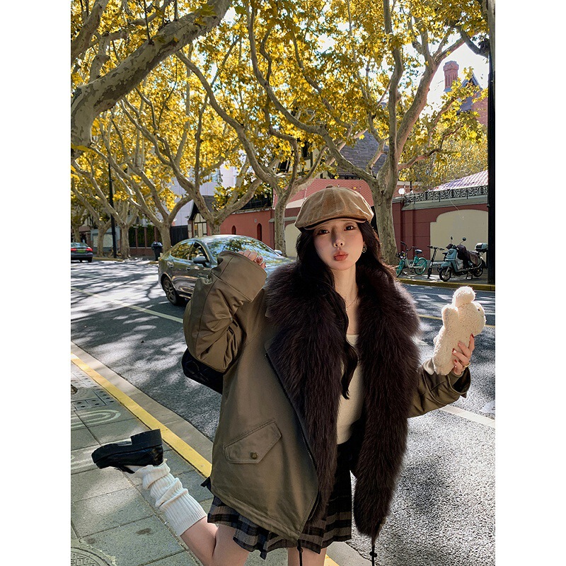 Sweet and Cool Parka down Jacket for Women, Casual Fur Coat with Detachable Fox Fur Collar, Thickened Inner Lining, Young Style