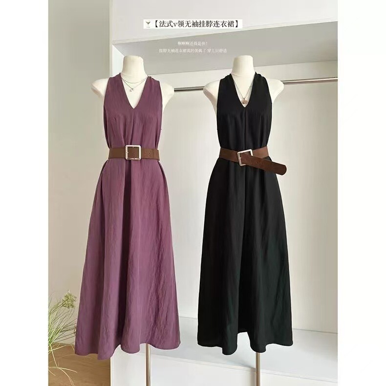 Korean Style Simple Slim Sleeveless V Neck Dress for Women 2025 Summer High-End Strappy Waist Casual Long Skirt