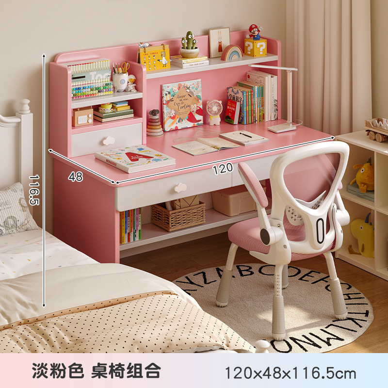 Escritorio de madera para niños, estantería, escritorio integrado, escritorio de estudio, dormitorio en casa para estudiantes de primaria, juego de escritorio y silla para niñas