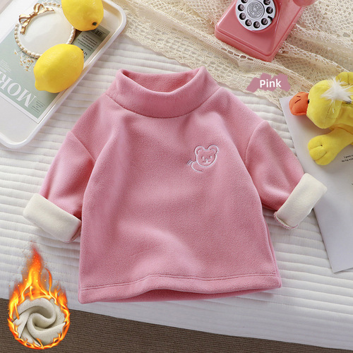 Thick padded base shirt for children, autumn and winter wear, baby half-high collar, inner wear for boys and girls, warm embroidery little bear hoodie, long sleeve