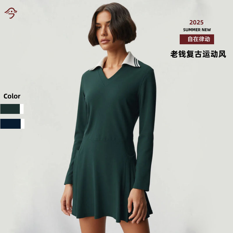 Vintage-Style Niche Golf Dress for Slightly Chubby Girls, Elegant and Relaxed Tennis Sports Casual Long Dress for Autumn
