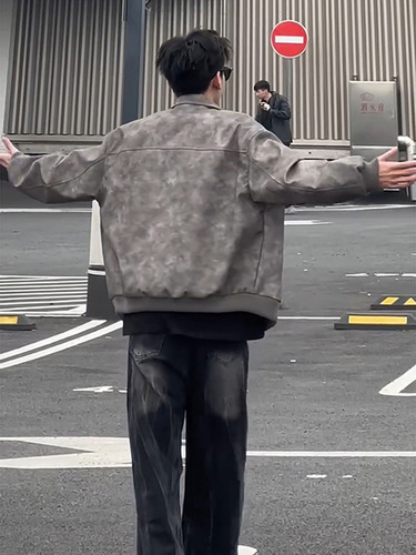 Cleanfit Gray Short-Length Leather Jacket American Grit Stylish High-End Men's Clothing Retro Collar Motorcycle Leather Jacket