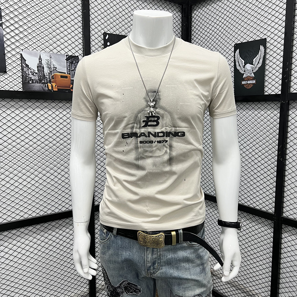 Summer ruffian handsome men's round neck short sleeve high-end fashion printing trendy men's letter B trendy brand T-shirt slim fit top men's clothing