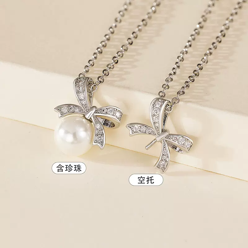 18K镀金项链镶嵌蝴蝶结珍珠吊坠女现货批发白珍珠天然珍珠