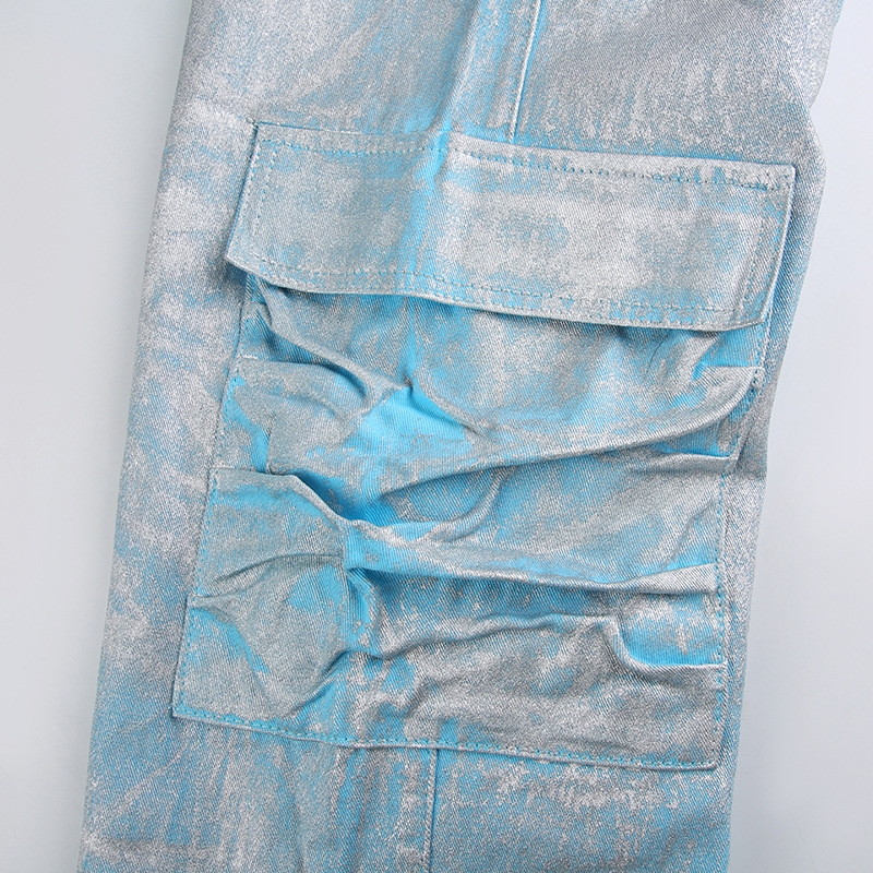 Women Clothing Metallic Coated Fabric Bright Silver Jeans Workwear with Pocket Casual Pants Straight Leg Pants Sets