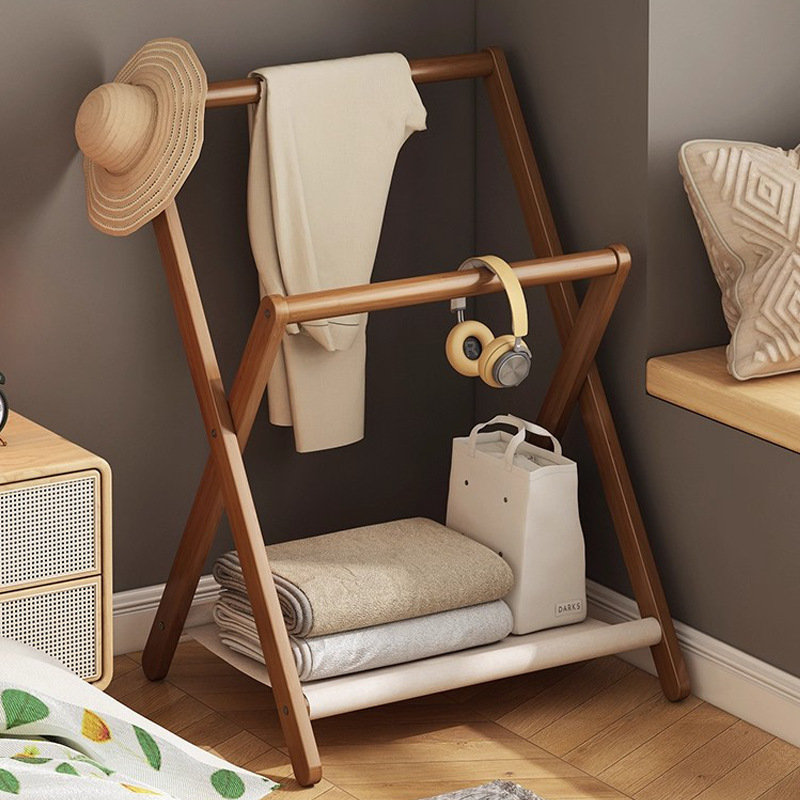 Bedside Coat Rack Floor-Standing Bedroom Simple Household Foldableable Double-Pole Clothes Storage Rack Solid Wood Clothes Hanger