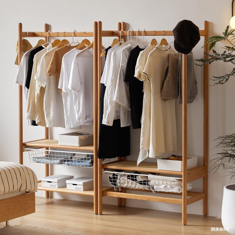 Solid Wood Clothes Hanger Floor-Standing Cherry Wood Coat Rack Bedroom Foldableable Clothes Drying Rack Home Hanging Clothes Rack Storage
