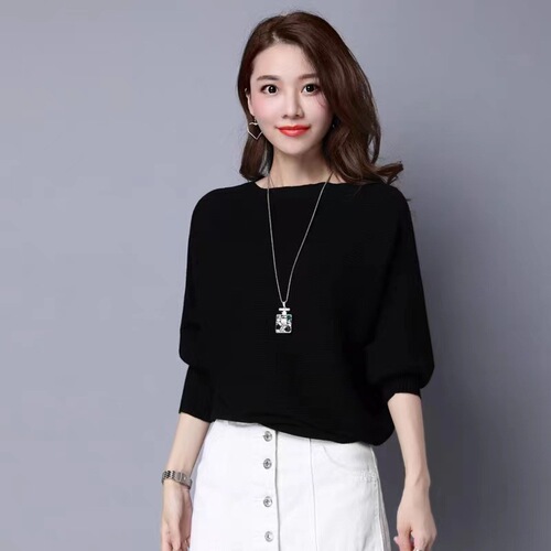Korean style batwing sleeve knit sweater short sleeve loose fit versatile simple long sleeve base shirt top spring and autumn new arrival