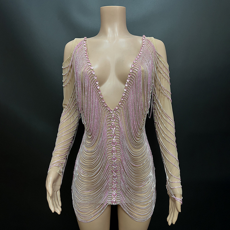 Cross-Border fashion Sexy Slim-fit transparent sheath skirt tassel dancing host stage performance long sleeve dress