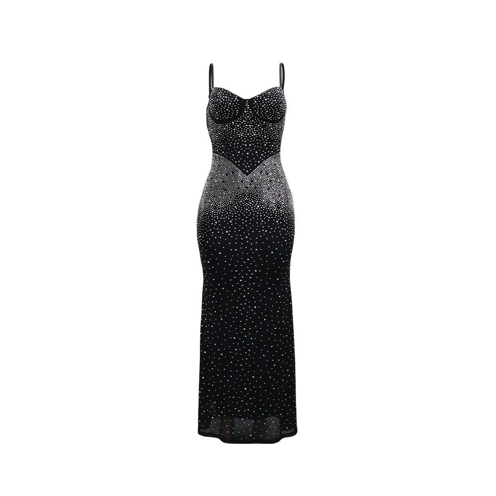 Elegant Spaghetti Strap Long Dress With Rhinestone Details, Women's Chic Bodycon Maxi Dress For Parties_ecoleips.com