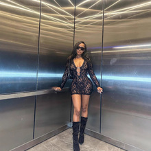 欧美跨境新款女装性感透视低领镂空蕾丝长袖修身包臀连衣裙