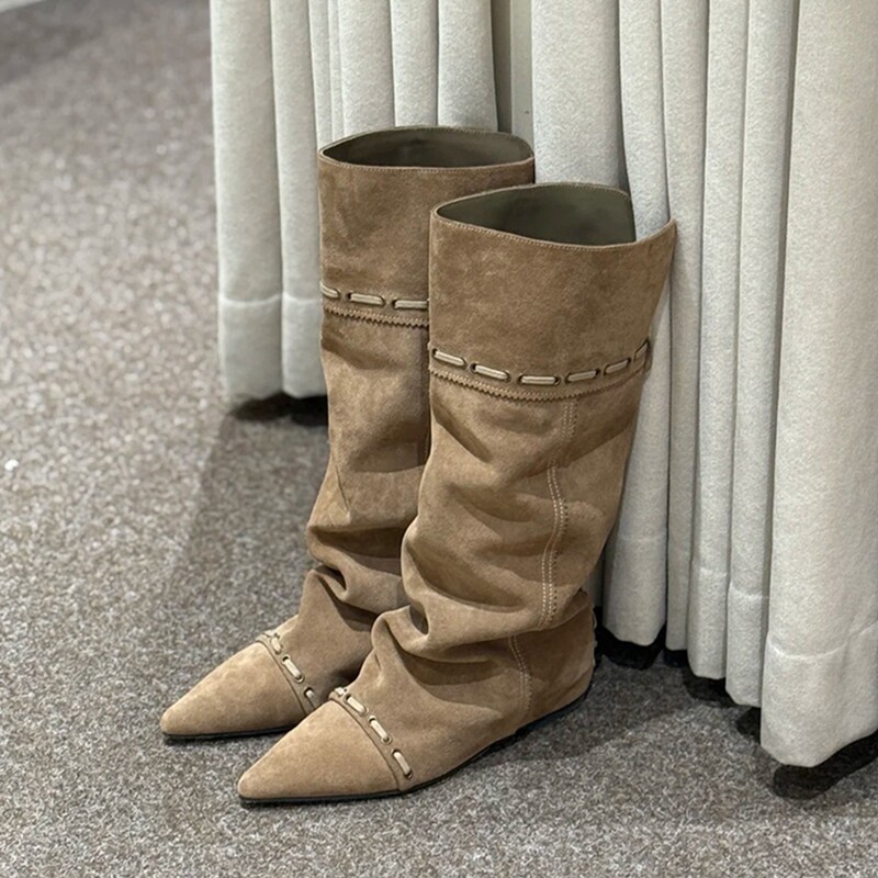 Sheepskin Version ~ Egyptian Women's Boots Genuine Leather High-Top Western Cowboy Boots Women's Inner Heightening Two-Wear Pointed Toe Thigh Circumference Wide Tube