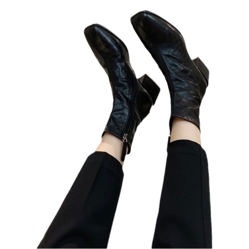 全牛革 ~ 韓系百合角頭水洗い馬皮痩せショートブーツ太さと厚い底の小さい足首ブーツ女性秋冬新作