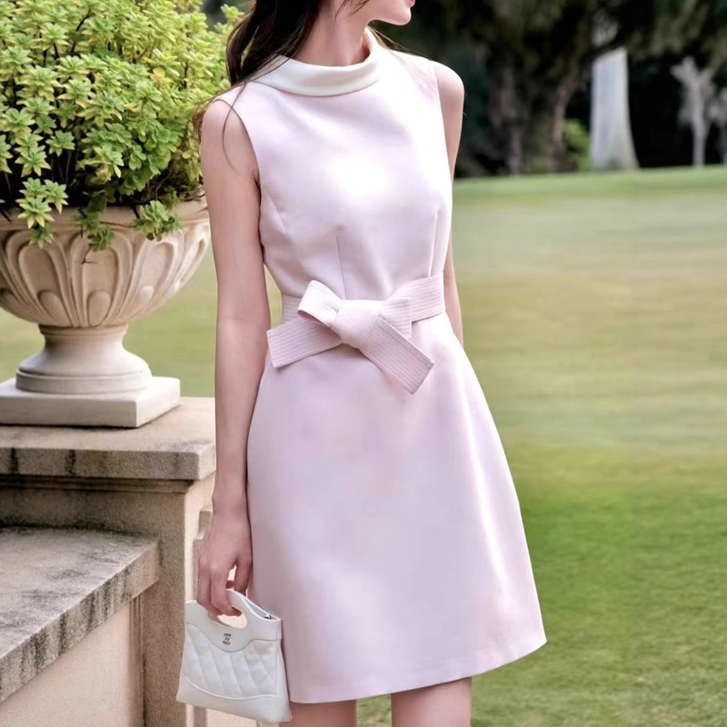 Lace-up Bow Hepburn Skirt Women's Summer Star Same Style Sweet Pink Vest Skirt Color Contrast Round Neck Sleeveless dress