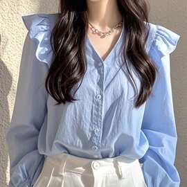 今年流行的漂亮小衫轻奢感法式小众绝美蓝色长袖衬衫女新款