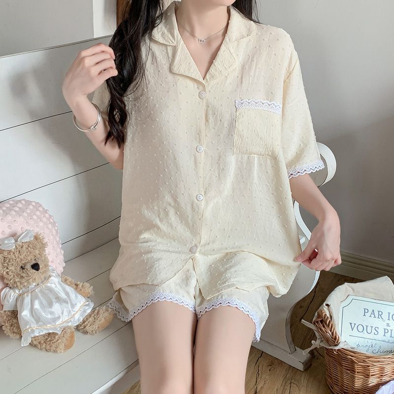 Pijamas mujeres verano nuevo estilo encaje peinado jacquard algodón casual de manga corta pantalones cortos solapa cárdigan traje de servicio a domicilio