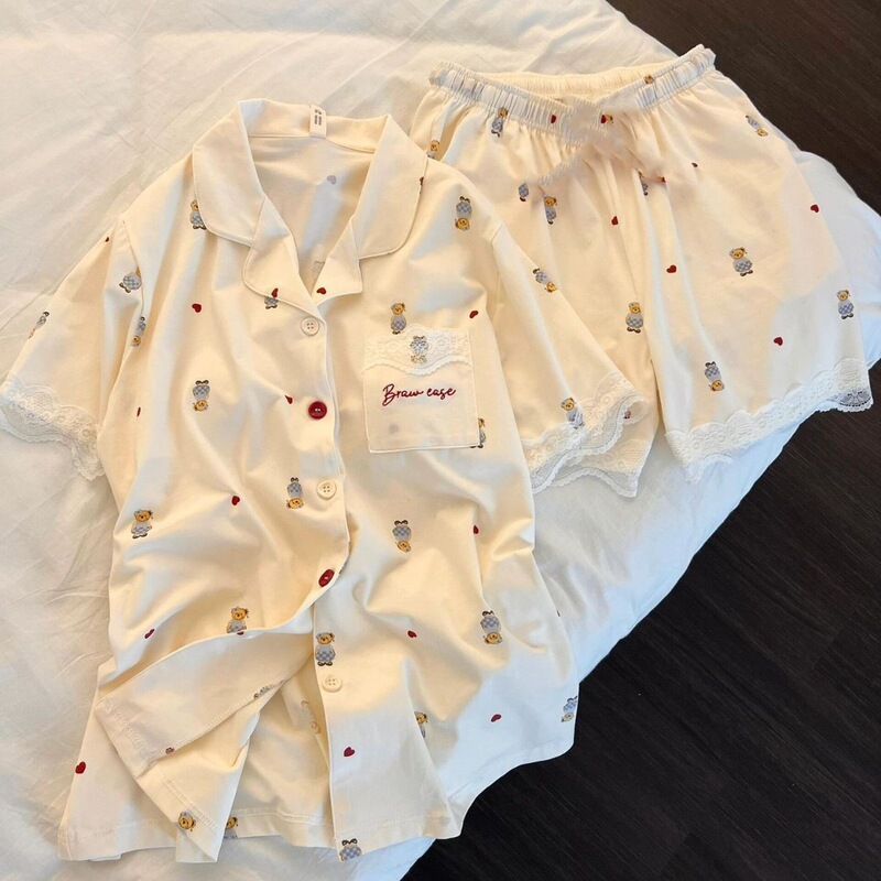 Lace Tweed Style Two-Piece Set, Lazy High-End Pajamas, Teddy Bear Style Women's Summer Short-Sleeved Shorts, Lace Home Clothes Lace Tweed Style Two-Piece Set, Lazy High-End Pajamas, Teddy Bear Style Women's Summer Short-Sleeved Shorts, Lace Home Clothes