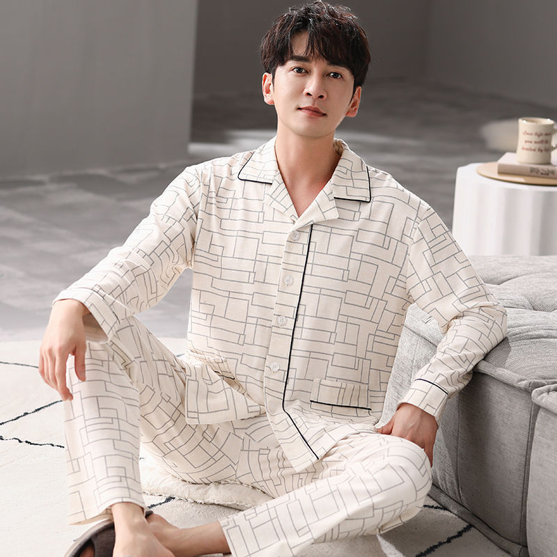 Pijamas de algodón para hombres primavera y otoño de mangas largas nuevos hombres de tamaño grande conjunto de ropa de hogar de estudiantes se puede usar