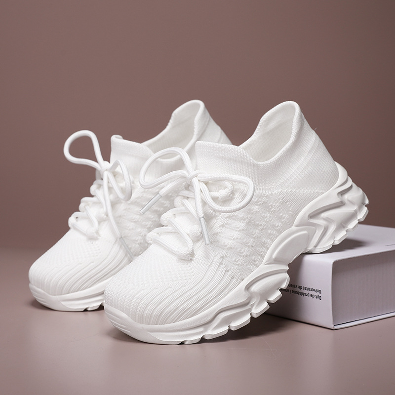 Baskets décontractées en maille Flyknit à semelle épaisse et couleur unie pour filles, avec fermeture à lacets sur le devant._voghion.com