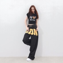 印花字母叠穿时尚宽松遮肉阔腿裤女春夏季新款黑色直筒休闲拖地裤
