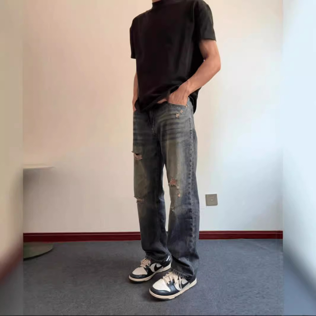 American vibe retro agujeros jeans hombre verano delgado recto pantalones largos pantalones oversize