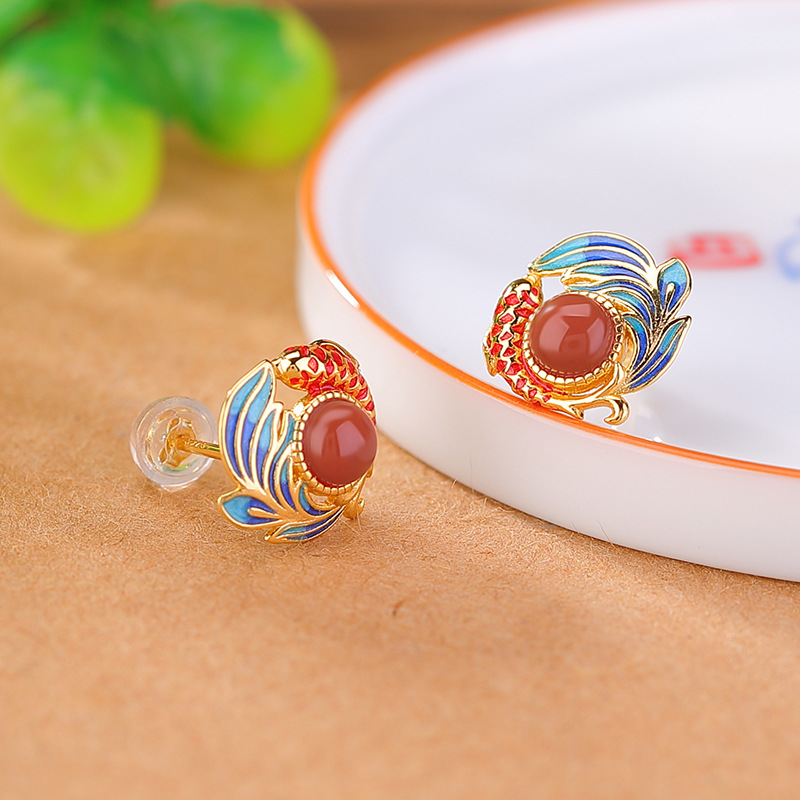 Khuyên tai nữ bạc S925 mạ vàng đính đá ngọc bích hình cá chép men retro — Mẫu đỏ nam