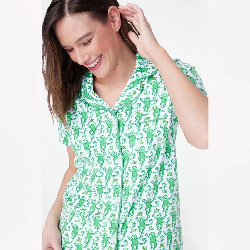 Women's Summer Short-Sleeved Cardigan T-Shirt Bottoming Printed Pajamas + 3-Point Printed Shorts 2-Piece Pajama Set