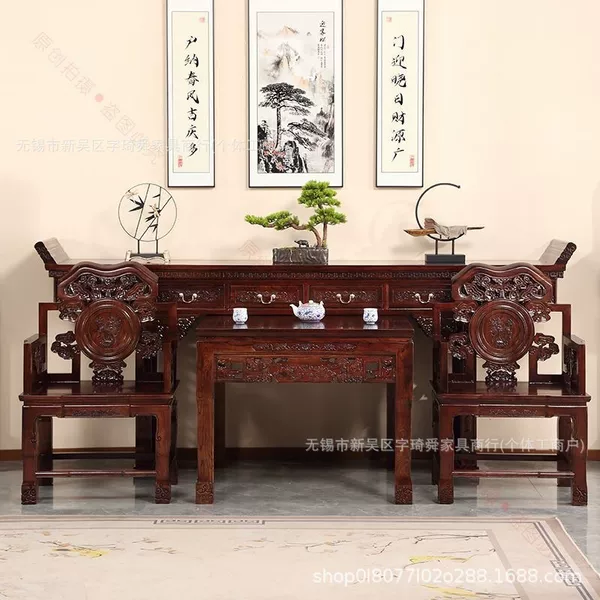 Old elm wood central hall table, antique Ming-style console table four-piece set, all-solid wood tribute table six-piece set, rural hall table
