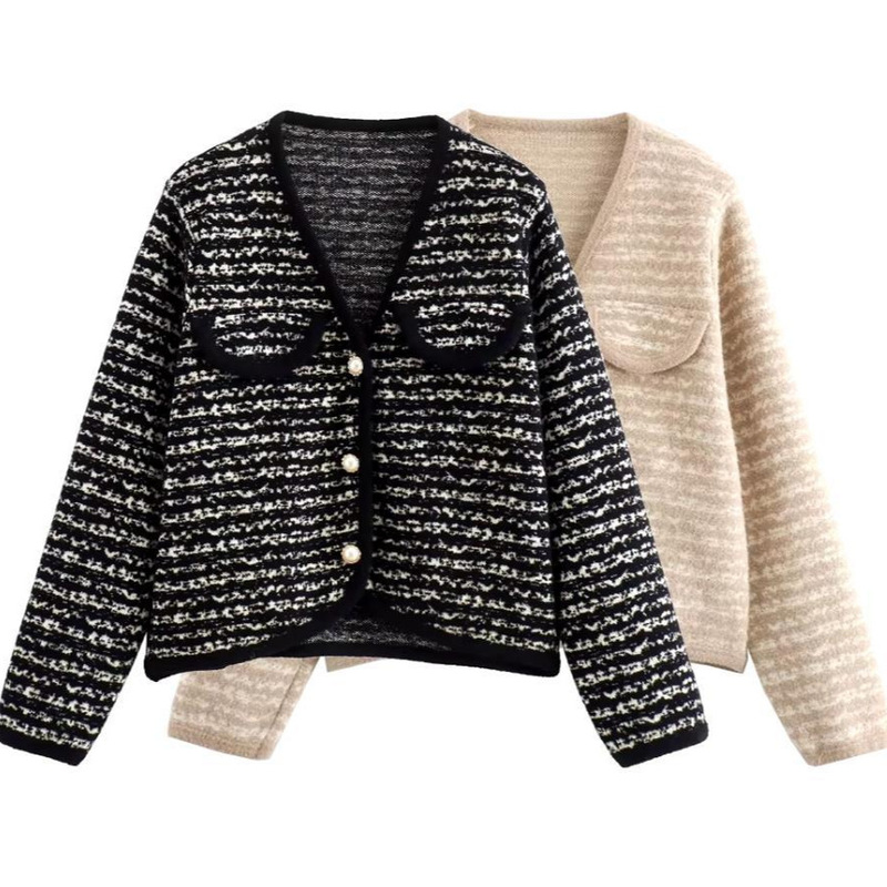 Autumn Customized New Women's Small Fragrant Gold Silk V Neck Wavy Pattern Knitted Trim Jacket Sweater Cardigan