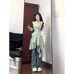 薄荷绿吊带辣妹连衣裙女新品感夏季新潮穿搭不规则设计荷叶边裙子