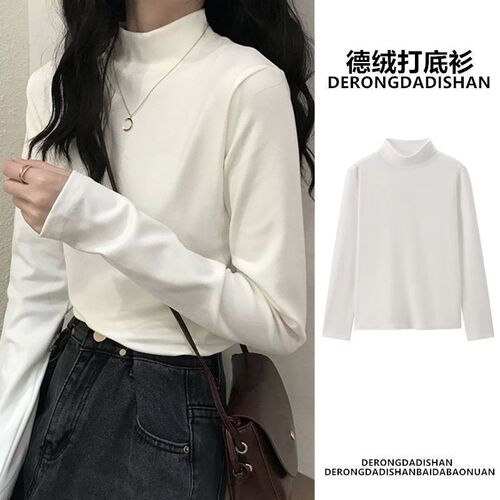 Deer velvet half-high collar base shirt women's inner wear autumn/winter new long-sleeved T-shirt slimming and warm outerwear