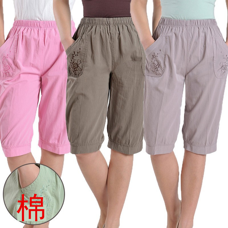 Elastic Waist Summer High-Waisted Straight-Leg Pants for Middle-Aged and Elderly Women, Large Size, Washed Cotton, Embroidered Capri Pants