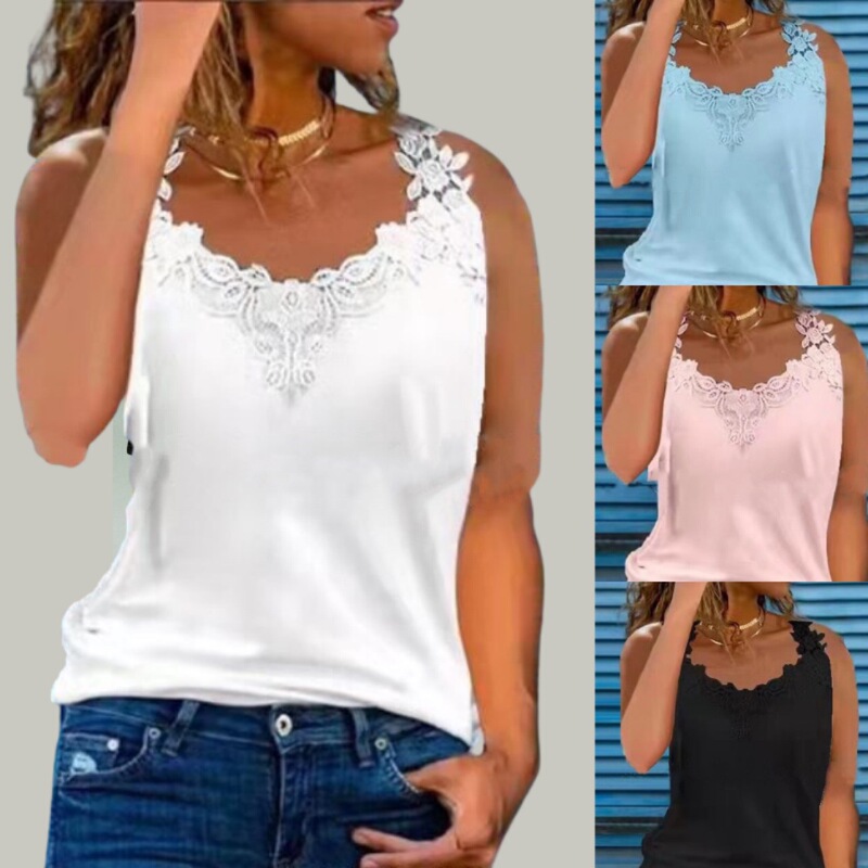 2024 European and American Export Cross-Border Summer Casual Tops Lace Stitched Shirts Sleeveless Suspenders in Stock 0343