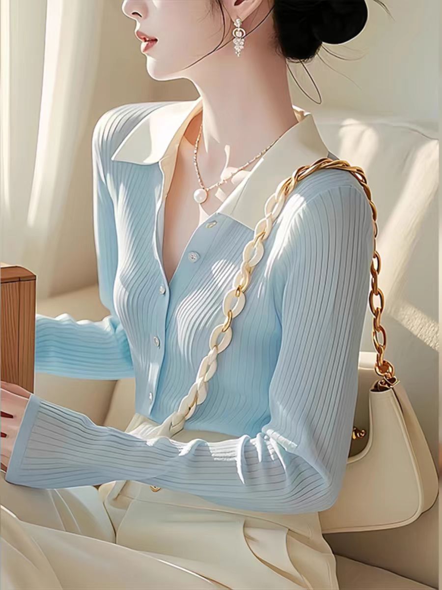 Áo len cardigan nữ tay dài phong cách Hàn Quốc thiết kế cổ chữ V — màu xanh nhạt