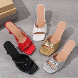 Cross-Border Women's Shoes, Stiletto High Heels, Fashionable Outer Wear Fish Mouth Slippers, Stone Pattern 36-43 Large Size Slippers