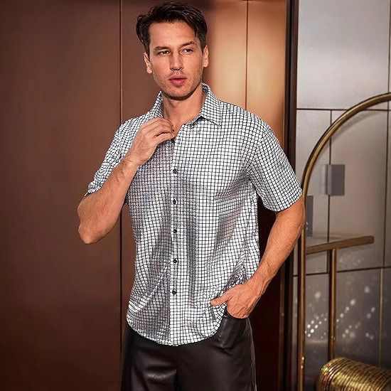 2025 Cross Border New Metal Shirt Men's Buckle Short Sleeve Night Club Prom Shiny Party 70 s