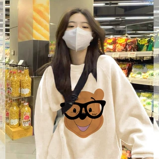 杏色长袖卫衣女款春秋款2024新款卡通小个子宽松薄款圆领套头上衣