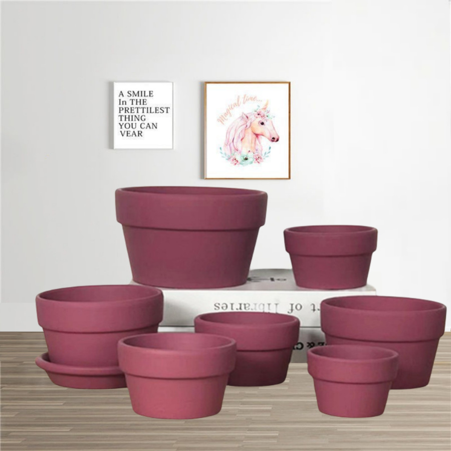 彩色红陶花盆简约室内绿萝喷绘植物配盘国际花盆网红盆多