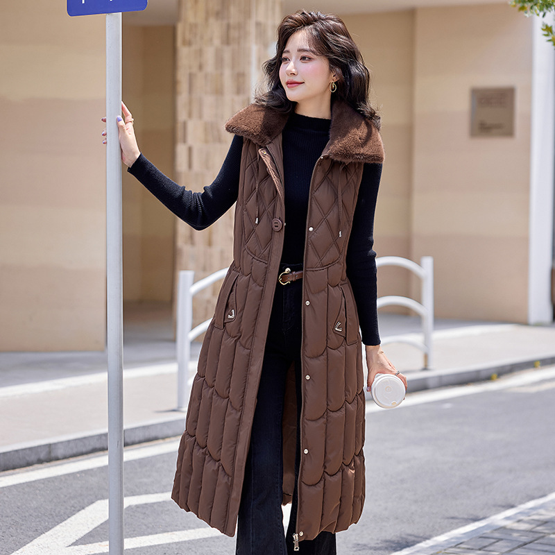 Chaleco de algodón largo y medio, chaleco de mujer, chaleco de otoño y invierno 2024 nuevo chaleco de moda sin mangas, hombro delgado, moda