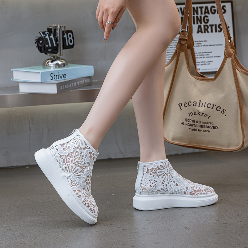 Thick-Soled High-Top Lace Mesh Fisherman Shoes 2026 Summer New Thin Style Hollow Breathable Short-Tube Women's Casual Shoes