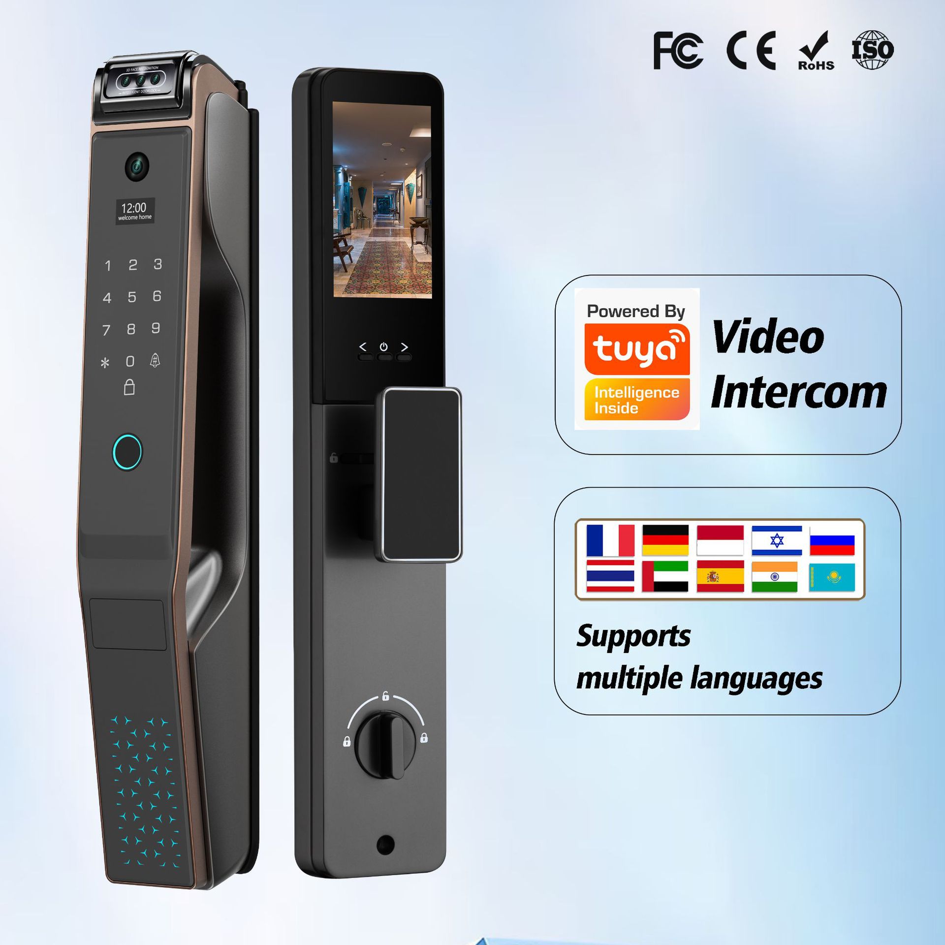 5000mah大容量锂电池AI转动摄像头人脸识别指纹锁智能锁家用门锁