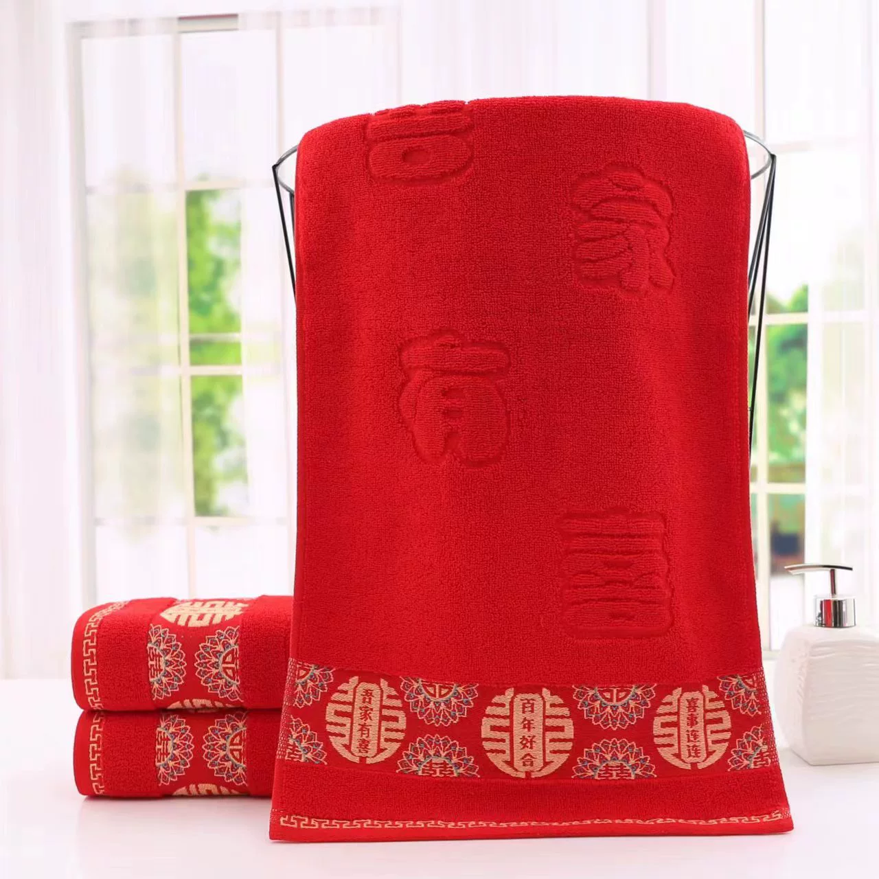 Свадебное хлопковое утолщенное полотенце Праздничный персонаж, сопровождающий подарок, мягкое абсорбирующее красное свадебное Подарочное полотенце