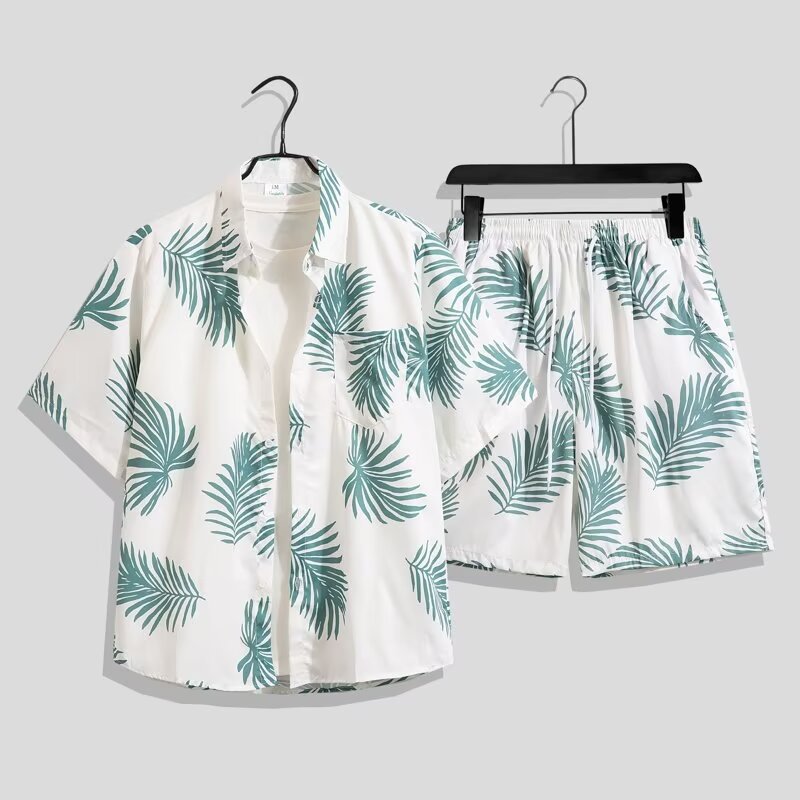 아이스 실크 비치 세트 남자 반팔 플로라 셔츠 플러스 사이즈 느슨한 하와이 빠른 건조 캐주얼 반바지 커플 세트
