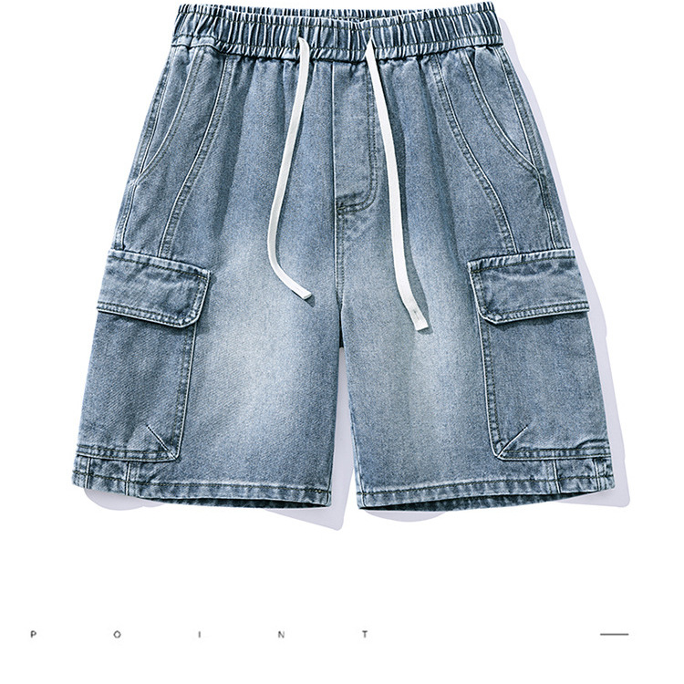 Spring and Summer New Workwear Five-Point Jeans Men's Shorts Multi-Pocket Elastic Waist Loose Straight American Versatile Mid-Pants