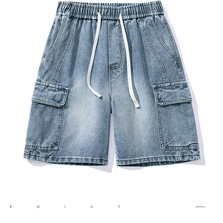 Spring and Summer New Workwear Five-Point Jeans Men's Shorts Multi-Pocket Elastic Waist Loose Straight American Versatile Mid-Pants