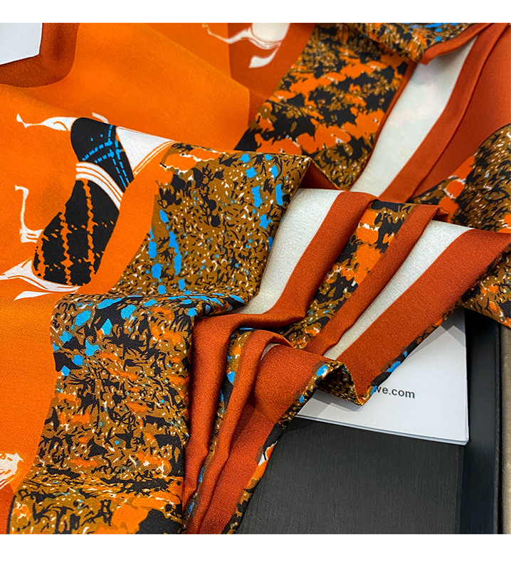 Spring And Autumn Thin Retro Stitching Horse Orange Simulation Silk Satin Long Silk Scarf display picture 4