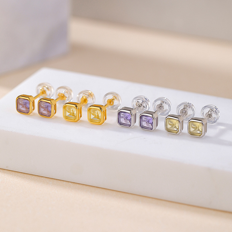 Bông tai bạc S925 mạ vàng đính đá thạch anh tím mặt cắt vuông — Kiểu citrine màu vàng