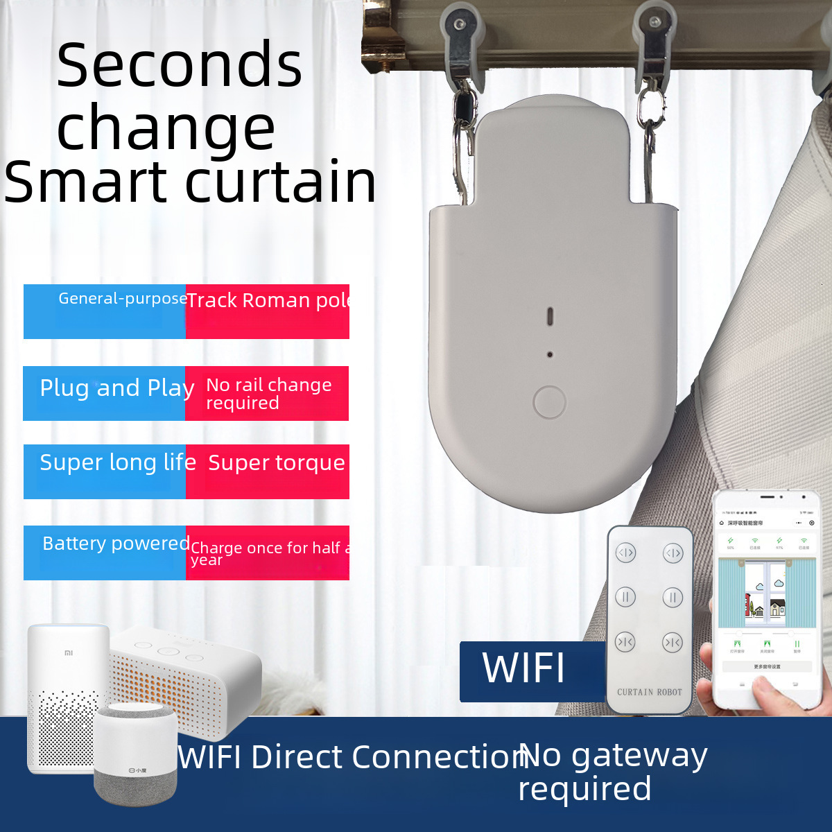 WiFi Remote Control Electric Curtain Rod Smart Curtain Robot Automatic Open and Close Curtain Companion Assistant